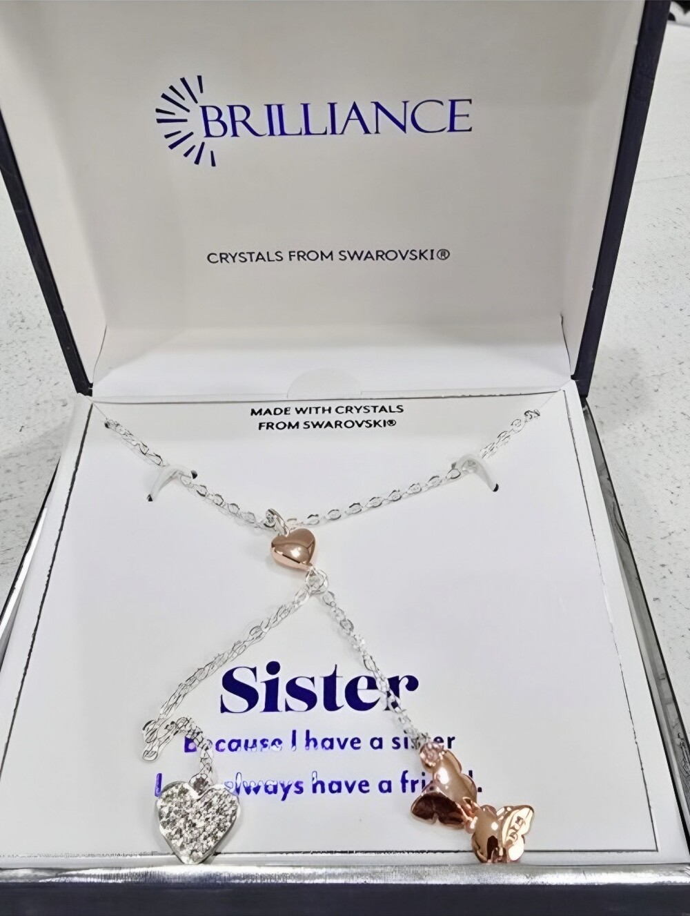 Brilliance Dual Tone Sister Heart Butterfly Swarovski Crystal Y Necklace NWT 18"